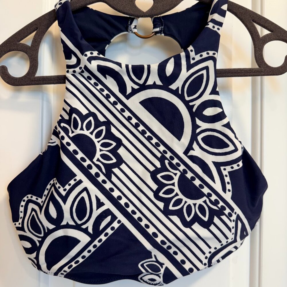 Aerie High Waisted Bikini Set Navy White Cutout Ring Top Size M - Picture 2 of 12